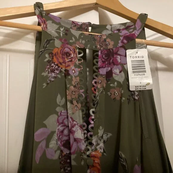 Torrid Olive Green Floral Print Ruffle High Neck Dress  3 3X NWT Maxi Keyhole - Picture 2 of 3